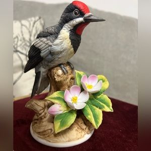 vintage Andrea By Sadek, Downy Woodpecker perched on a tree branch.porcelain